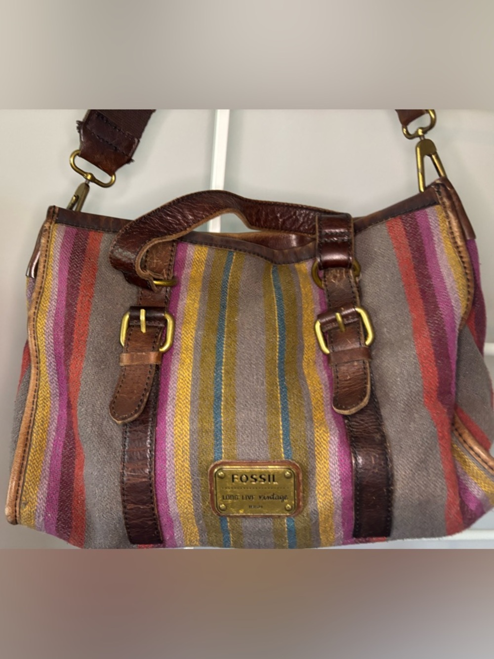 Vintage Fossil Striped Fabric Crossbody with Brown Leather Trim - Picture 16 of 16